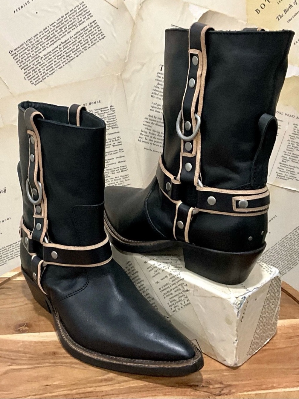 Free People We The Free Abroad Harness Boots Black Tan Pewter Pointy - Picture 5 of 8